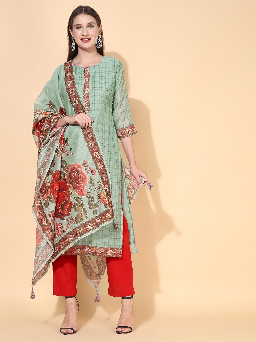 

FASHOR Women Green Checked Mirror Work Chanderi Silk Kurta