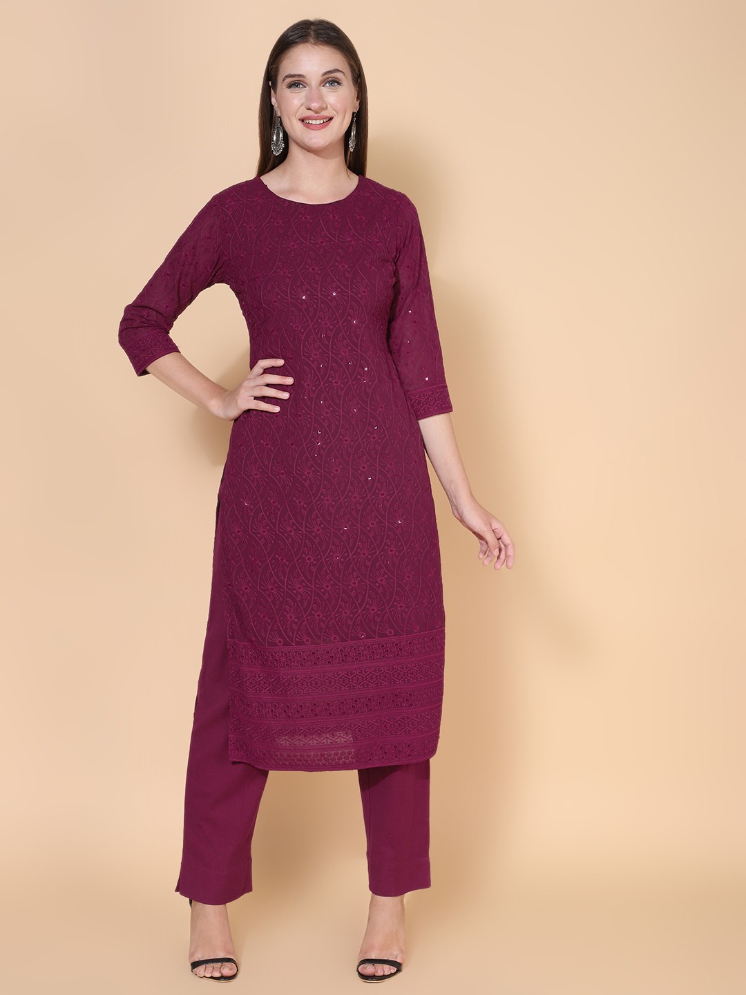 

FASHOR Women Purple Ethnic Motifs Embroidered Thread Work Georgette Kurta