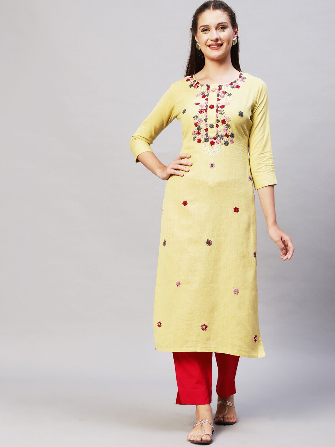 

FASHOR Women Yellow Quirky Embroidered Thread Work Kurta