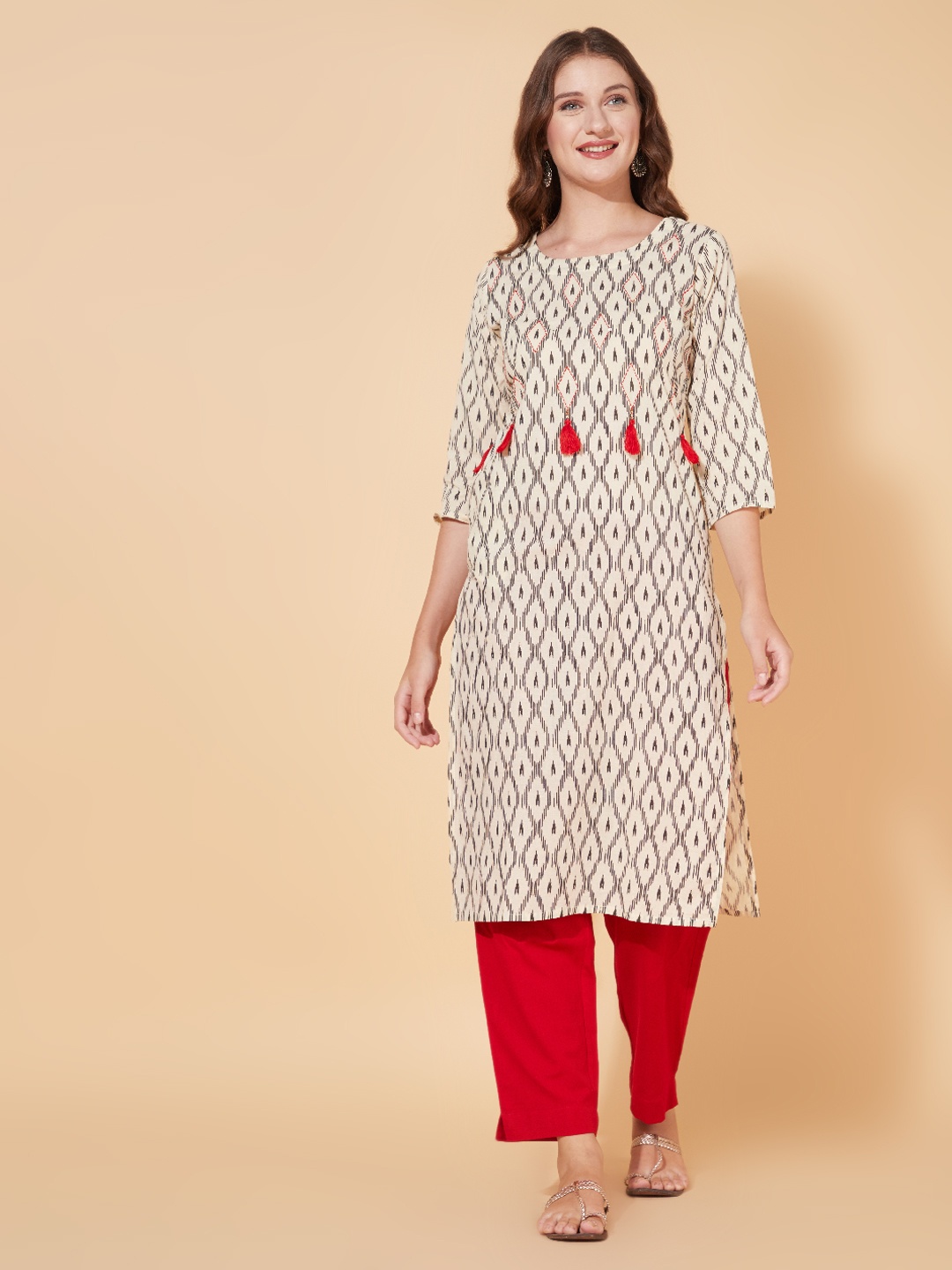 

FASHOR Women Cream-Coloured Geometric Printed Kurta