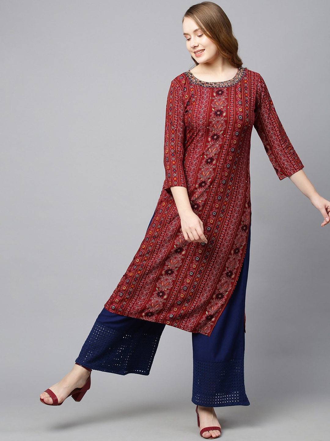 

FASHOR Women Maroon Ethnic Motifs Printed Kurta