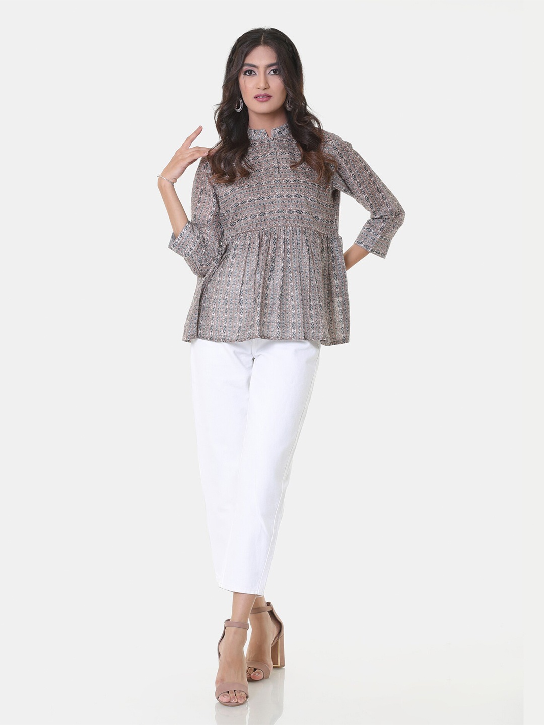 

HEEPOSH Brown & White Modal Mandarin Collar Printed Tunic