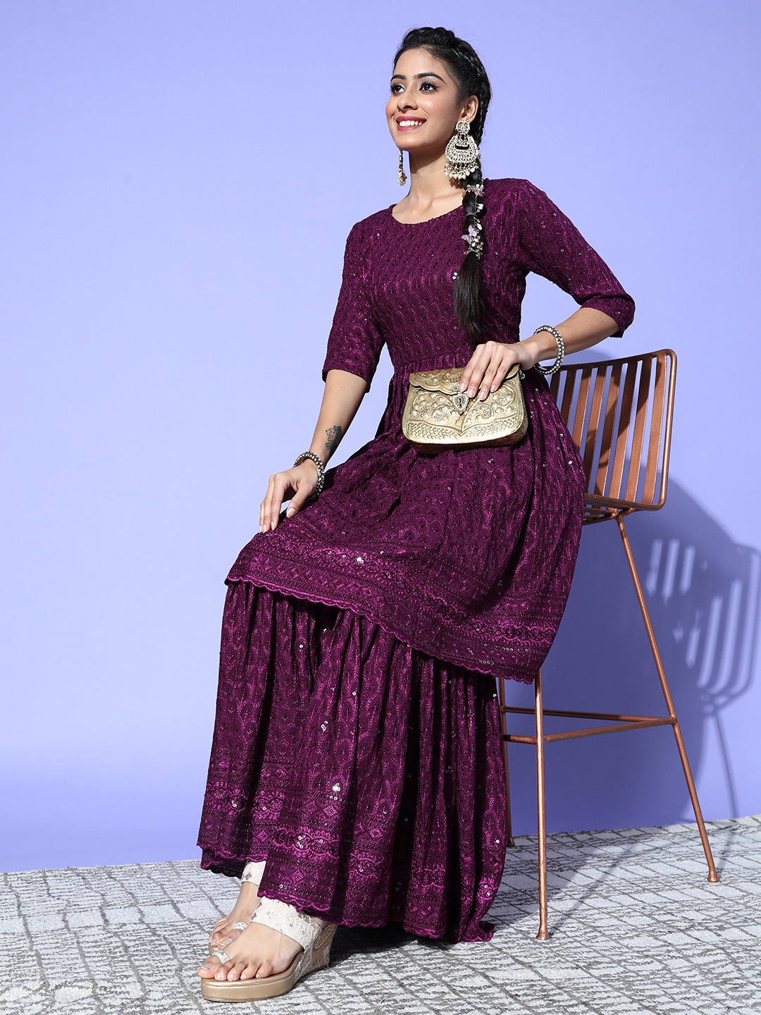 

InWeave Women Floral Viscose Rayon Shimmer & Sequin Kurta Set, Purple