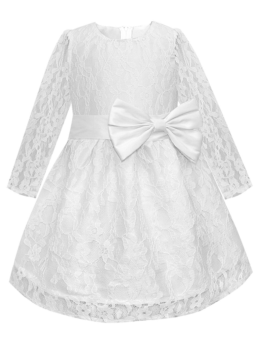 

A T U N White Lace Full Sleeves Lace Bow Dress
