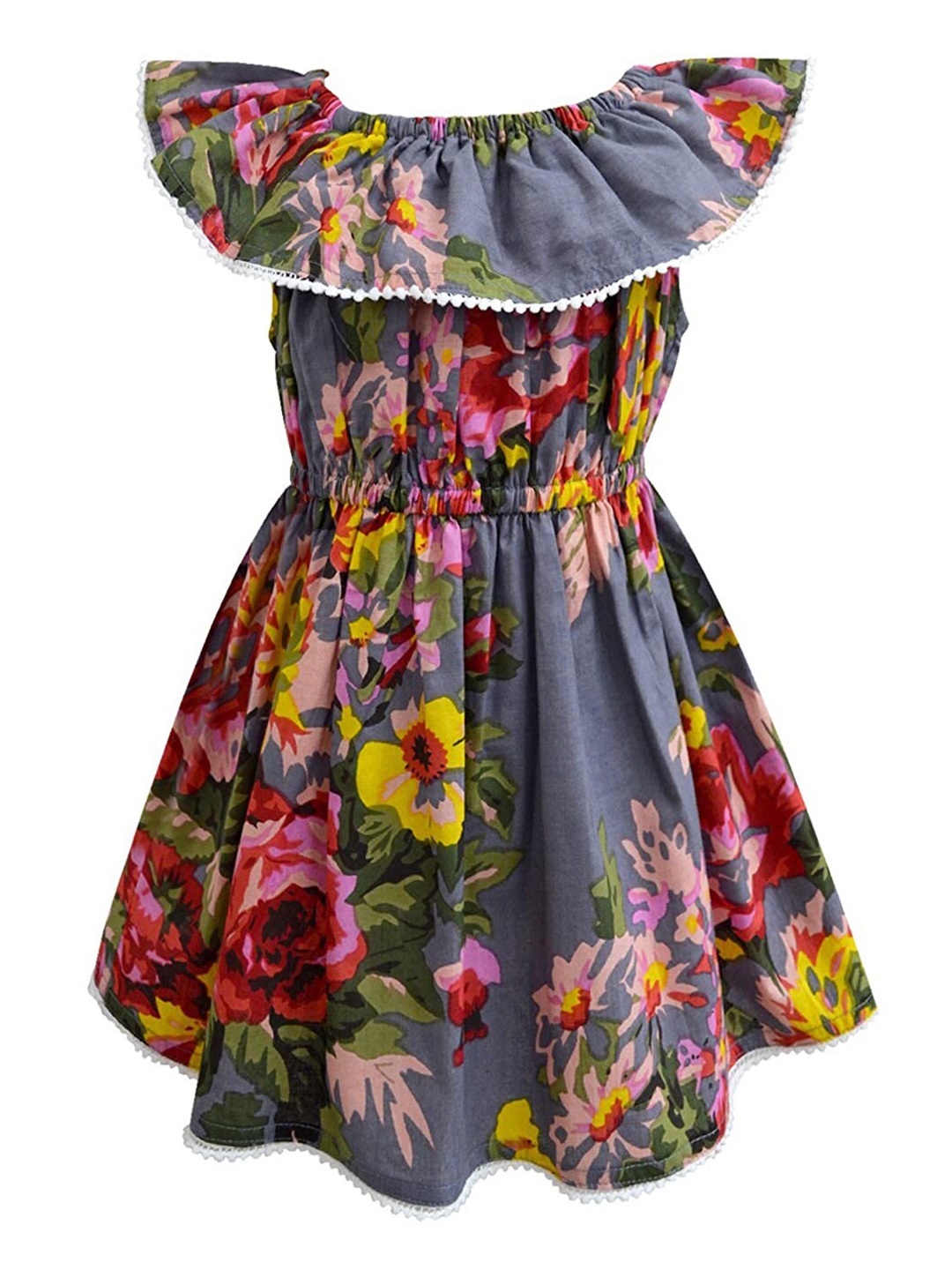 

A T U N Grey & Pink Floral Gathered Pure Cotton Dress