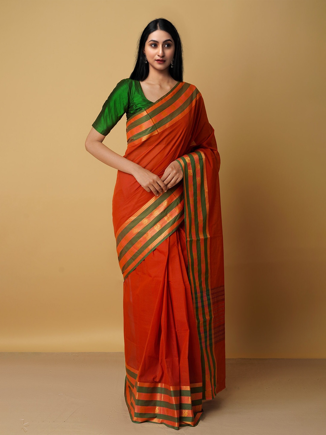 

Unnati Silks Red & Green Woven Design Zari Pure Cotton Venkatgiri Saree