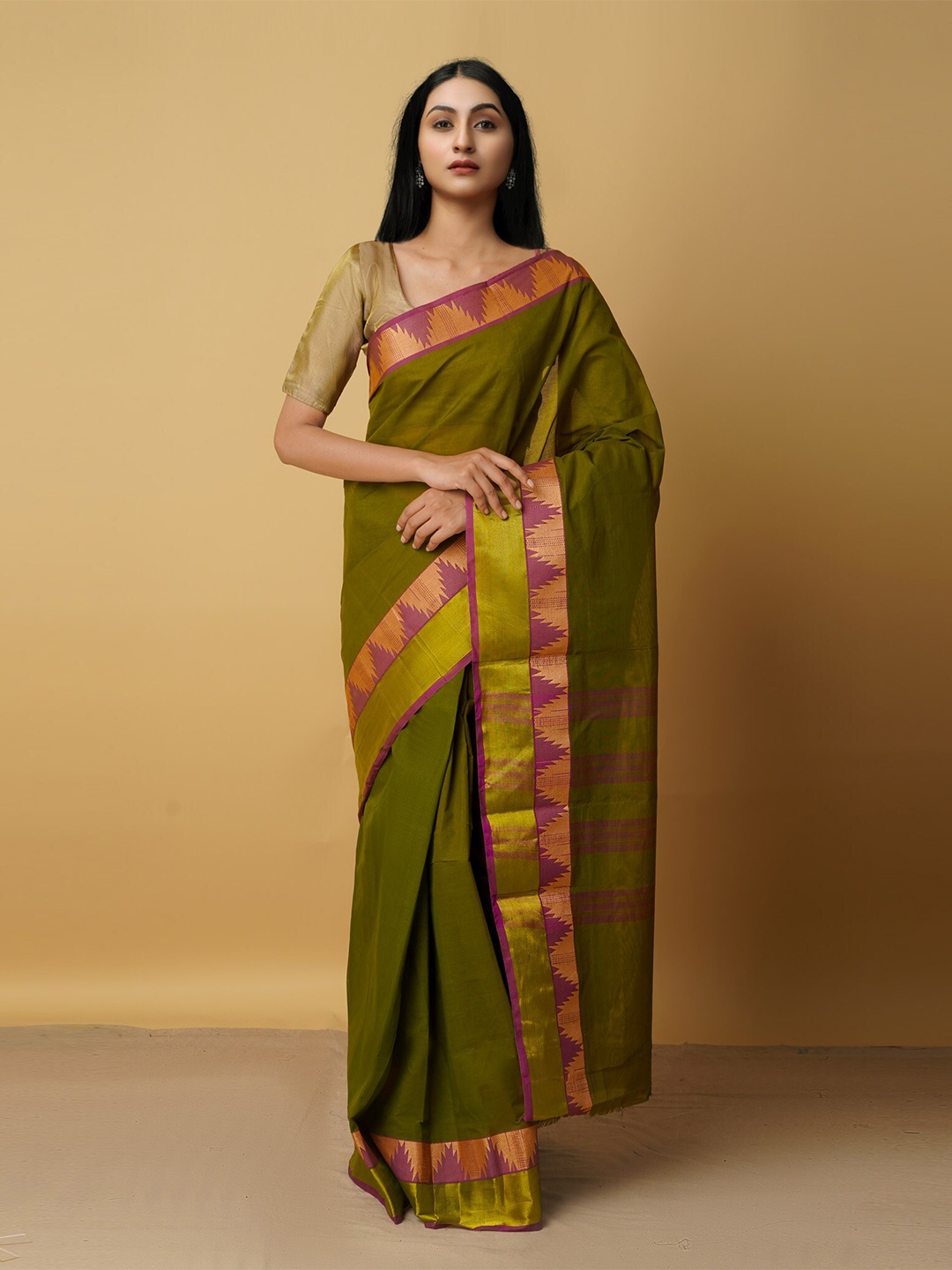 

Unnati Silks Green & Orange Woven Design Zari Pure Cotton Venkatgiri Saree