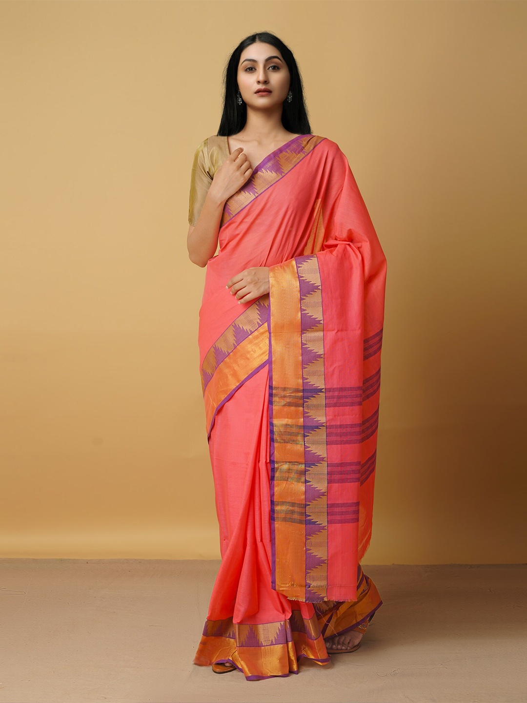 

Unnati Silks Pink & Gold-Toned Woven Design Zari Pure Cotton Venkatgiri Saree