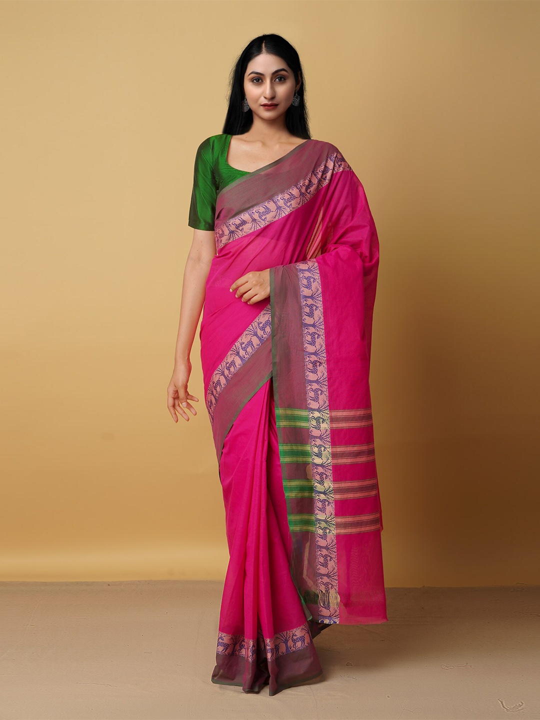 

Unnati Silks Pink & Green Woven Design Zari Pure Cotton Venkatgiri Saree