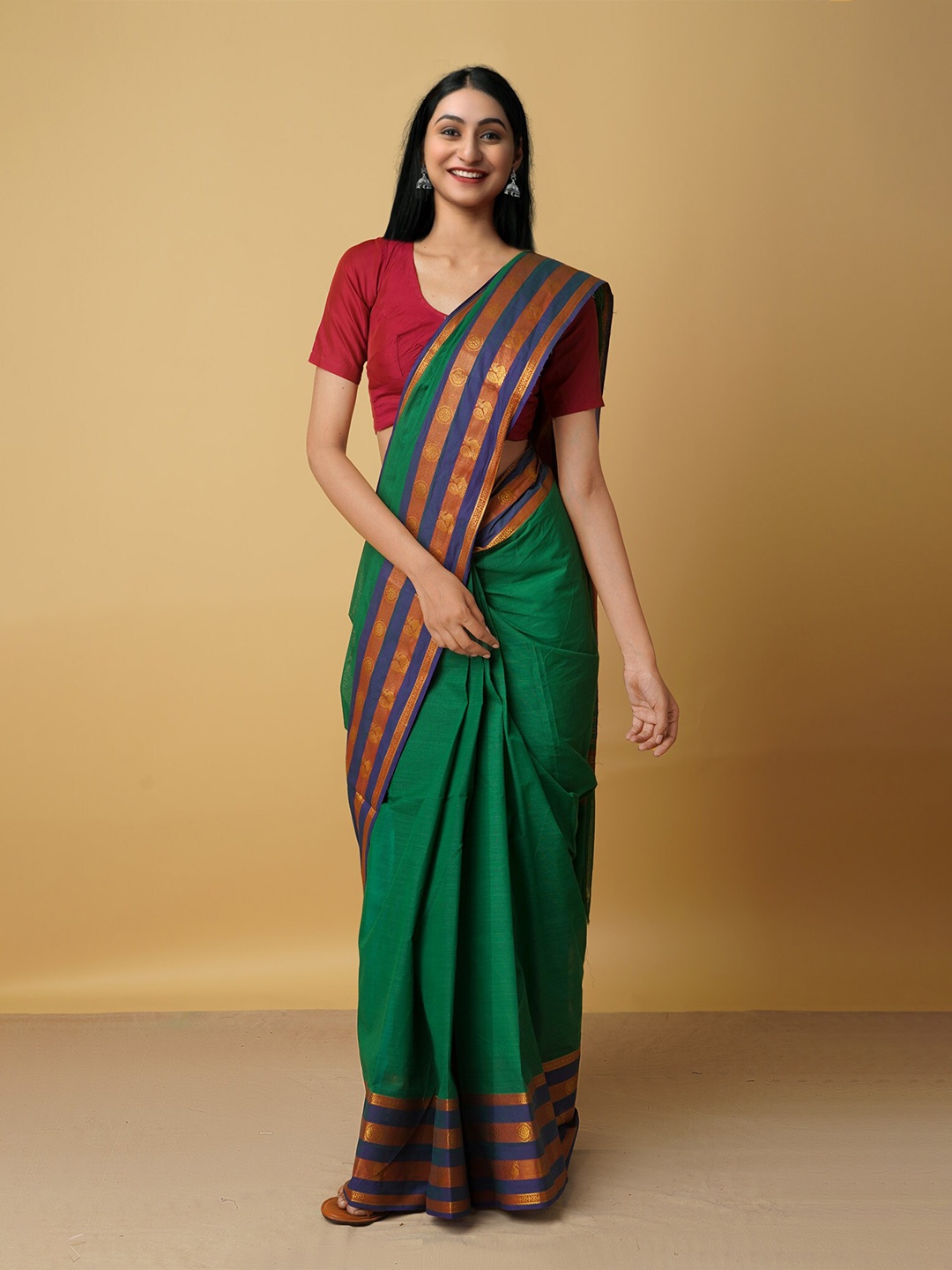 

Unnati Silks Women Green & Orange Woven Design Zari Pure Cotton Venkatgiri Saree