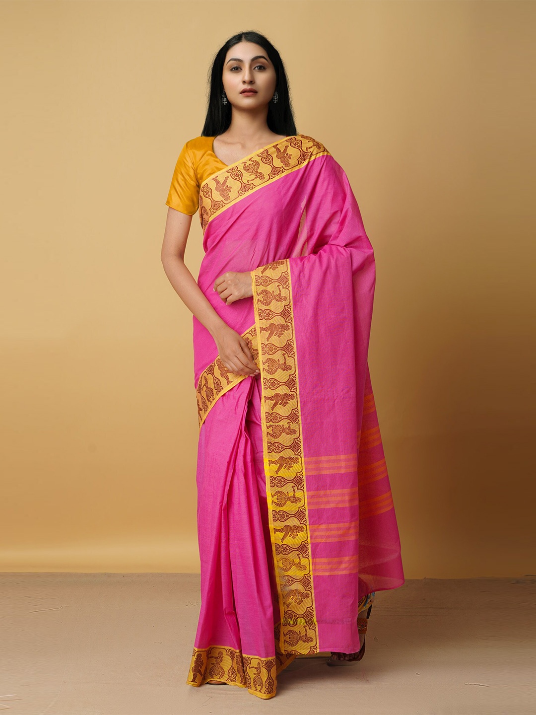 

Unnati Silks Pink & Gold-Toned Woven Design Zari Pure Cotton Venkatgiri Saree