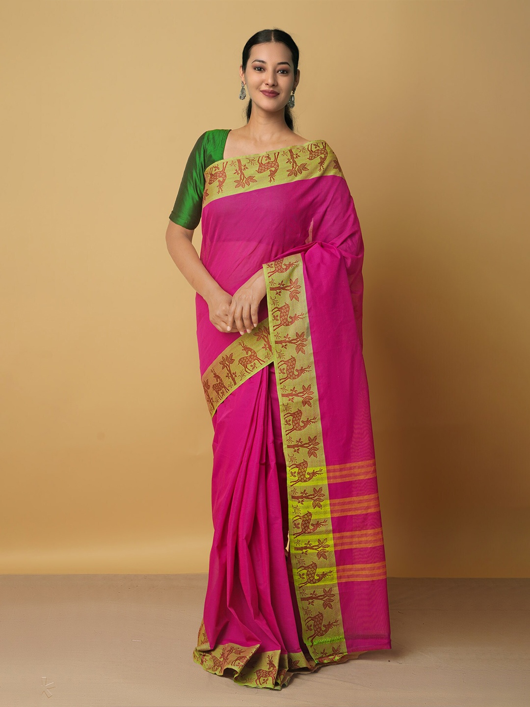 

Unnati Silks Pink & Green Woven Design Zari Pure Cotton Venkatgiri Saree