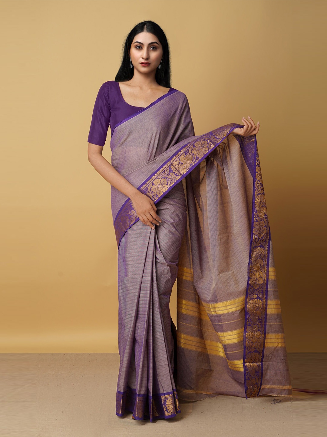 

Unnati Silks Violet & Grey Woven Design Zari Pure Cotton Venkatgiri Saree