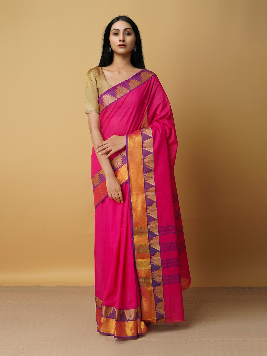 Unnati Silks Pink & Purple Woven Design Zari Pure Cotton Venkatgiri Saree