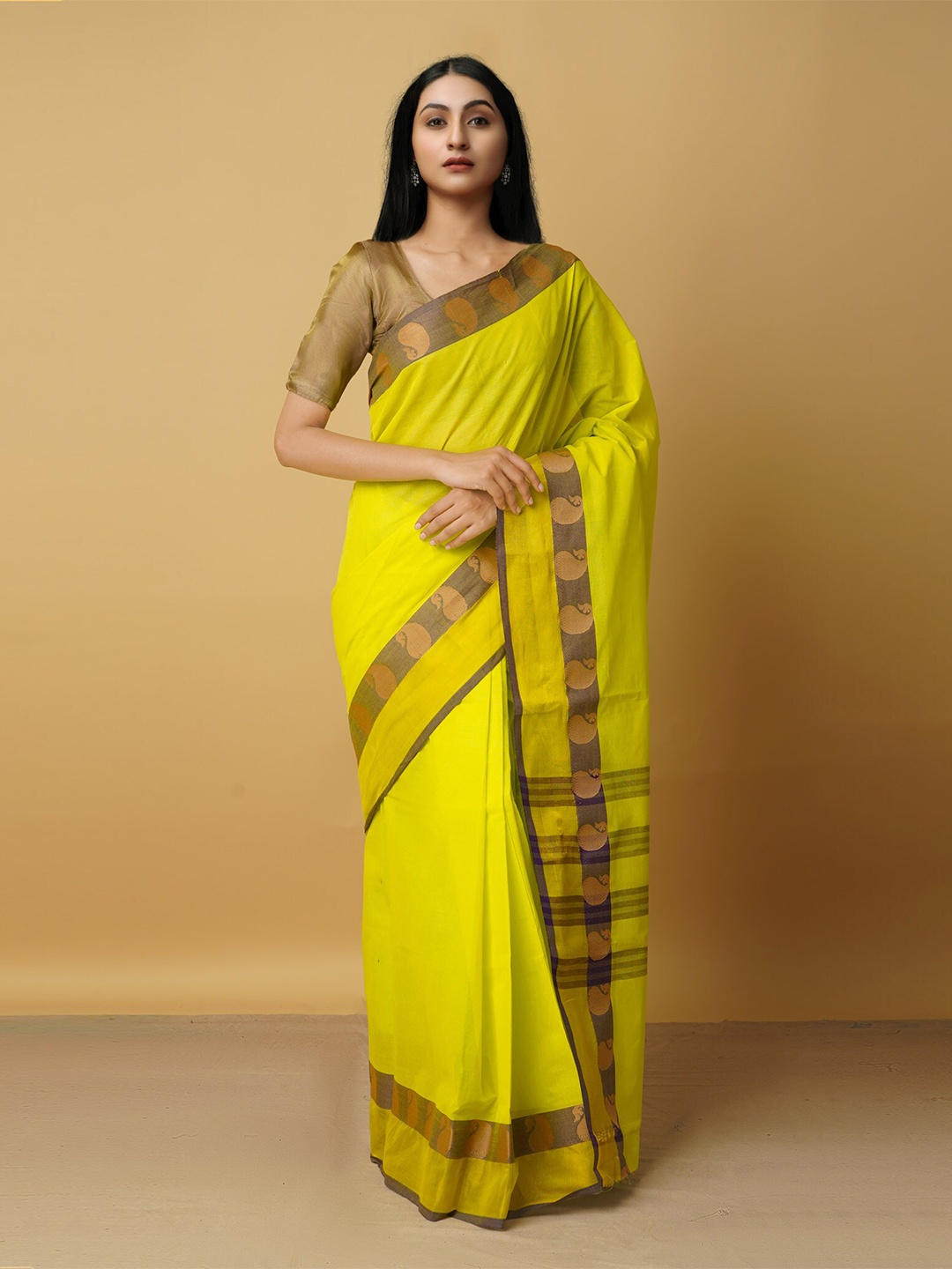

Unnati Silks Green & Brown Woven Design Pure Cotton Venkatgiri Saree