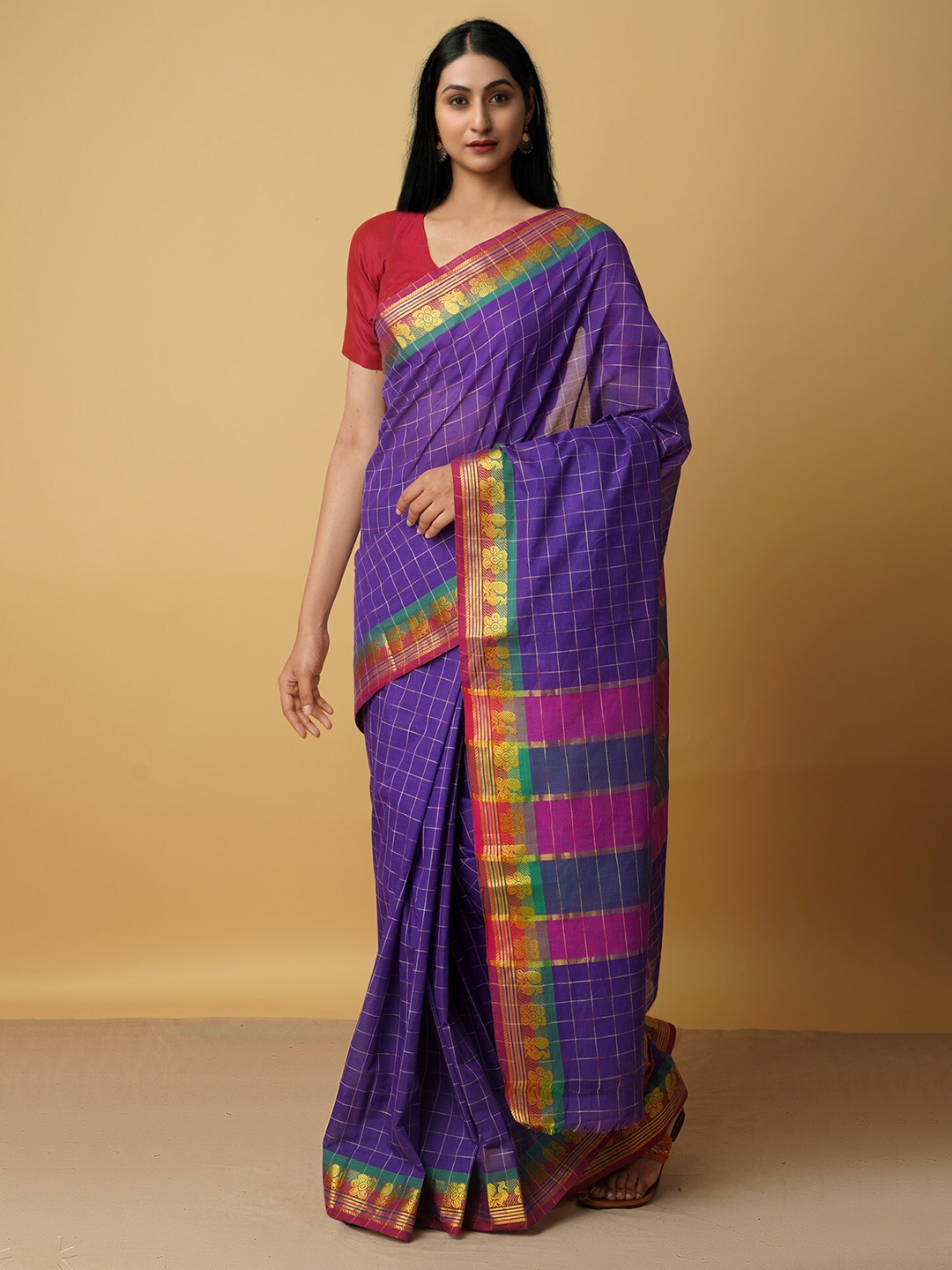

Unnati Silks Purple & Green Woven Design Zari Pure Cotton Venkatgiri Saree