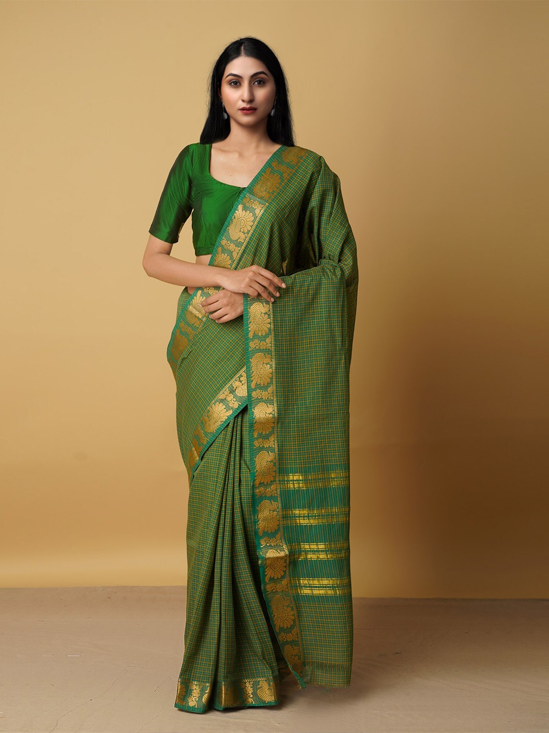 

Unnati Silks Green & Yellow Woven Design Zari Pure Cotton Venkatgiri Saree