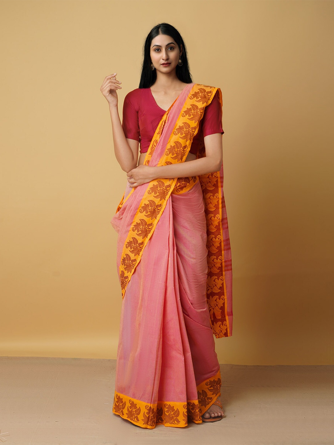 

Unnati Silks Pink & Yellow Pure Cotton Venkatgiri Saree