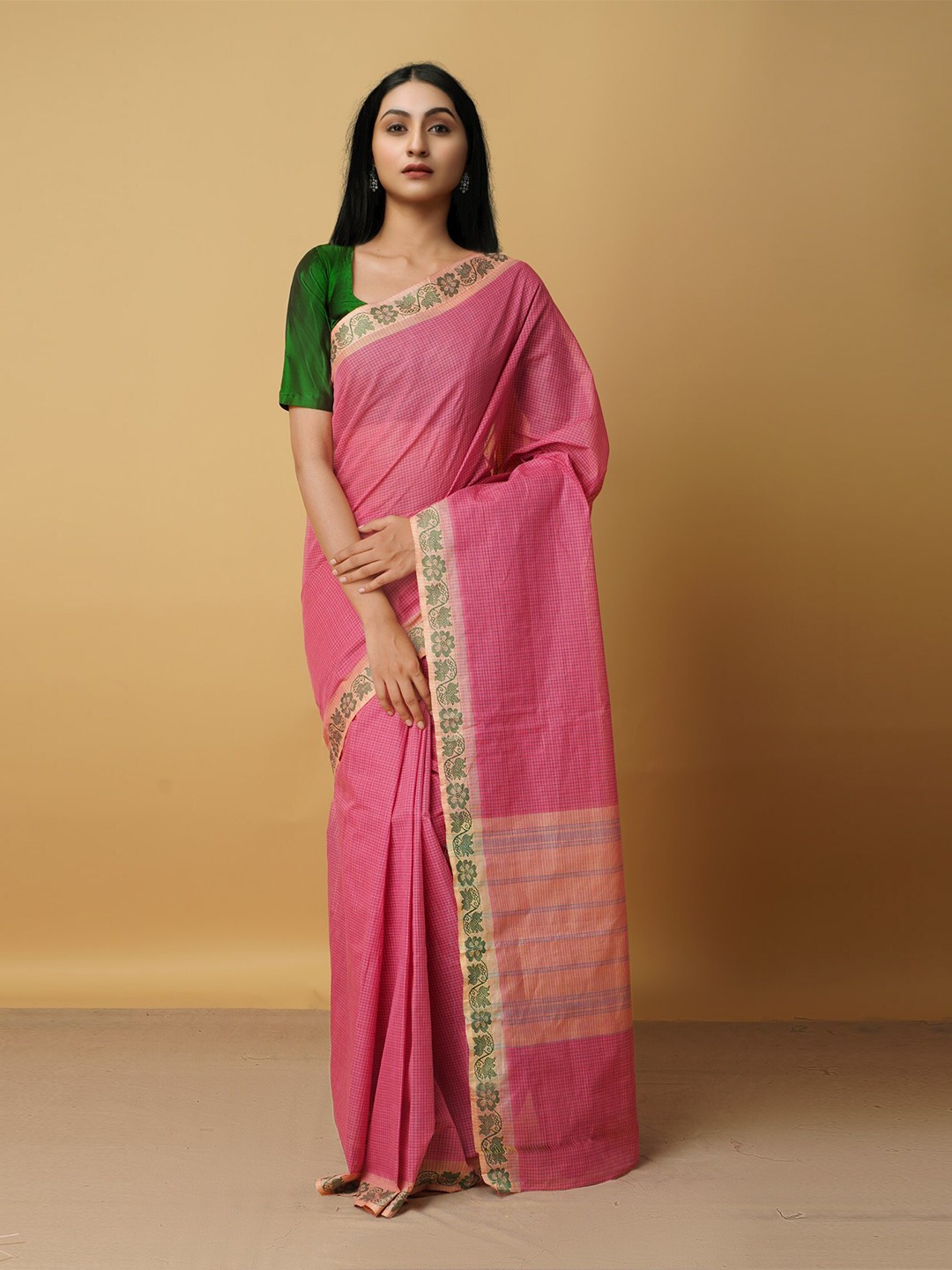

Unnati Silks Pink & Green Woven Design Zari Pure Cotton Venkatgiri Saree