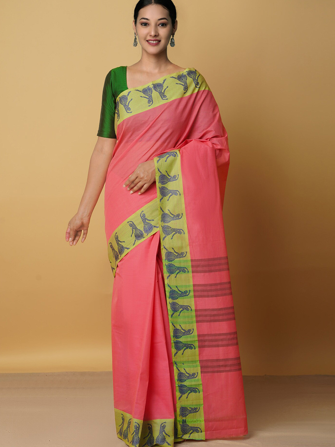 

Unnati Silks Pink & Blue Kalamkari Zari Pure Cotton Venkatgiri Saree