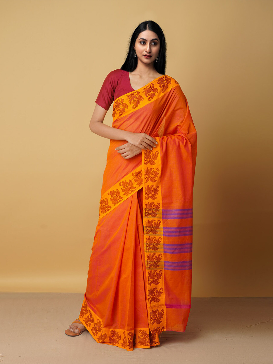 

Unnati Silks Orange & Yellow Woven Design Pure Cotton Venkatgiri Saree