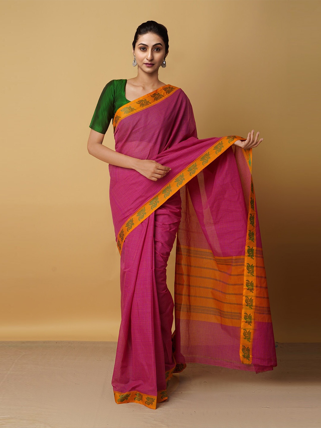 

Unnati Silks Pink & Orange Woven Design Zari Pure Cotton Venkatgiri Saree