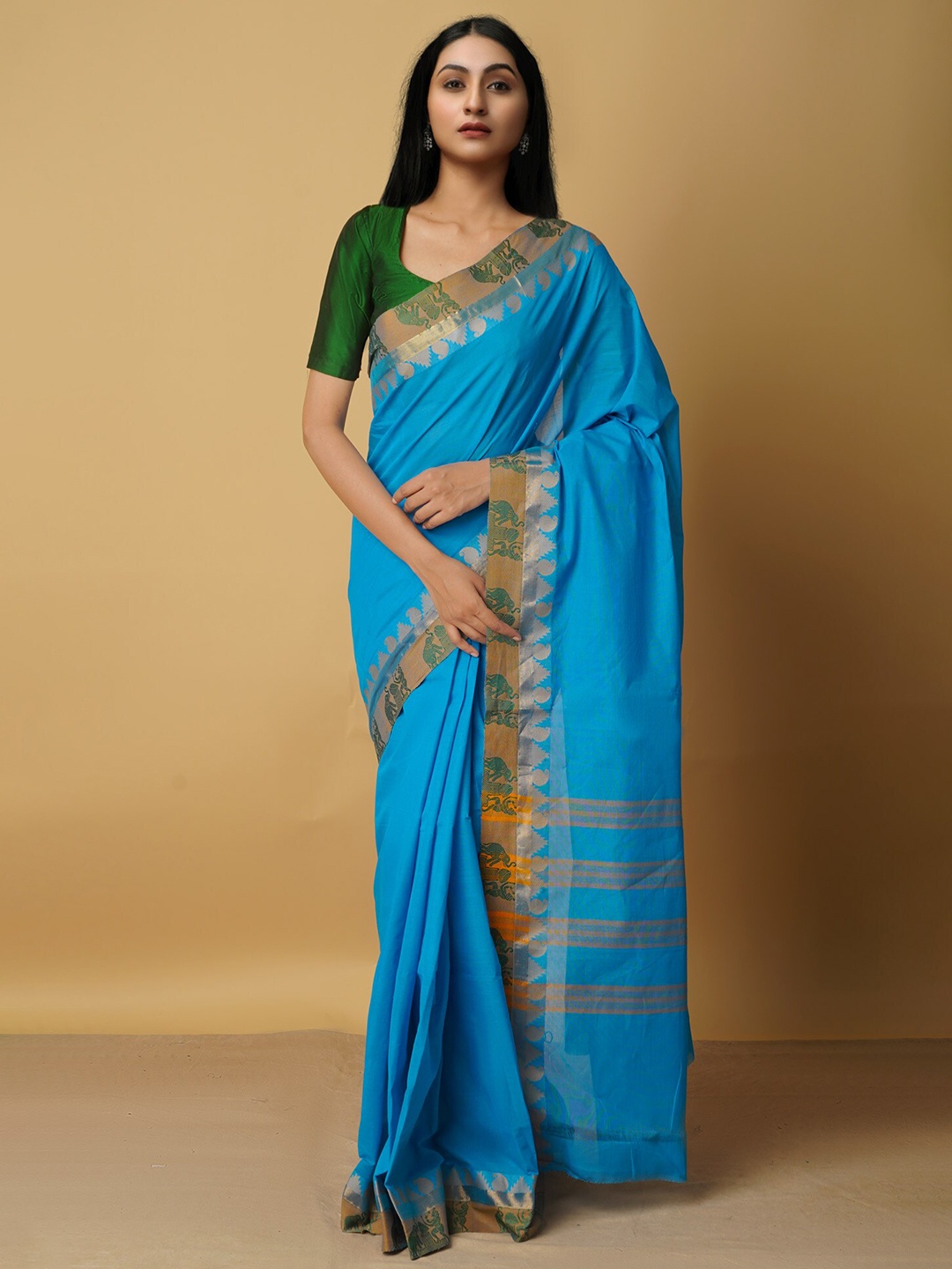 

Unnati Silks Blue & Gold-Toned Woven Design Pure Cotton Venkatgiri Saree