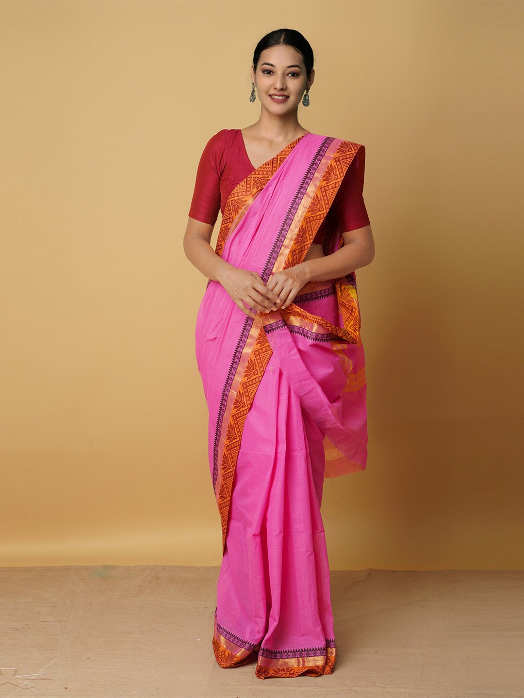 

Unnati Silks Pink & Orange Woven Design Zari Pure Cotton Venkatgiri Saree