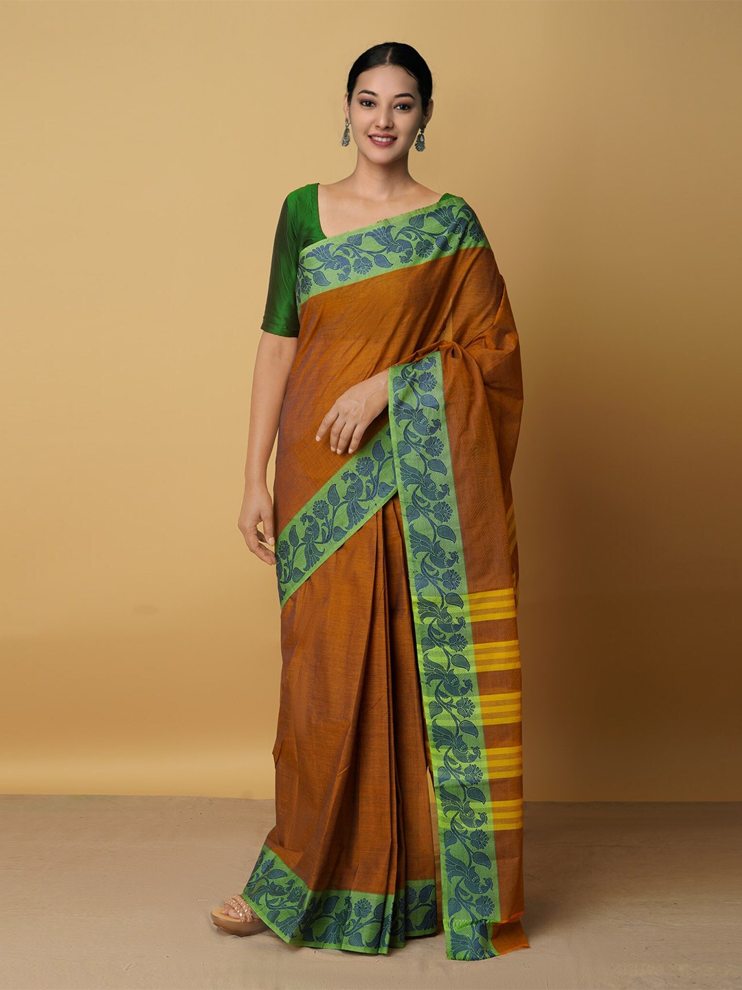 

Unnati Silks Brown & Green Woven Design Pure Cotton Venkatgiri Saree