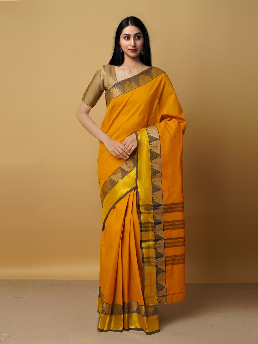 

Unnati Silks Yellow & Orange Woven Design Zari Pure Cotton Venkatgiri Saree