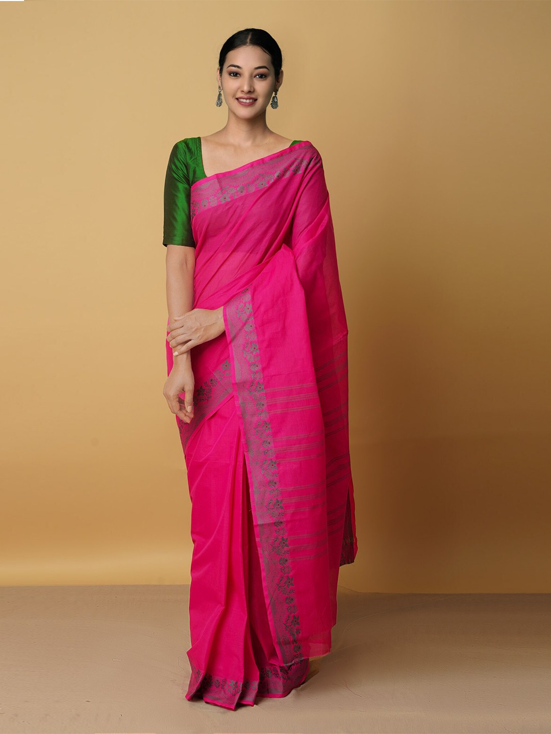 

Unnati Silks Pink & Grey Woven Design Zari Pure Cotton Venkatagiri Saree