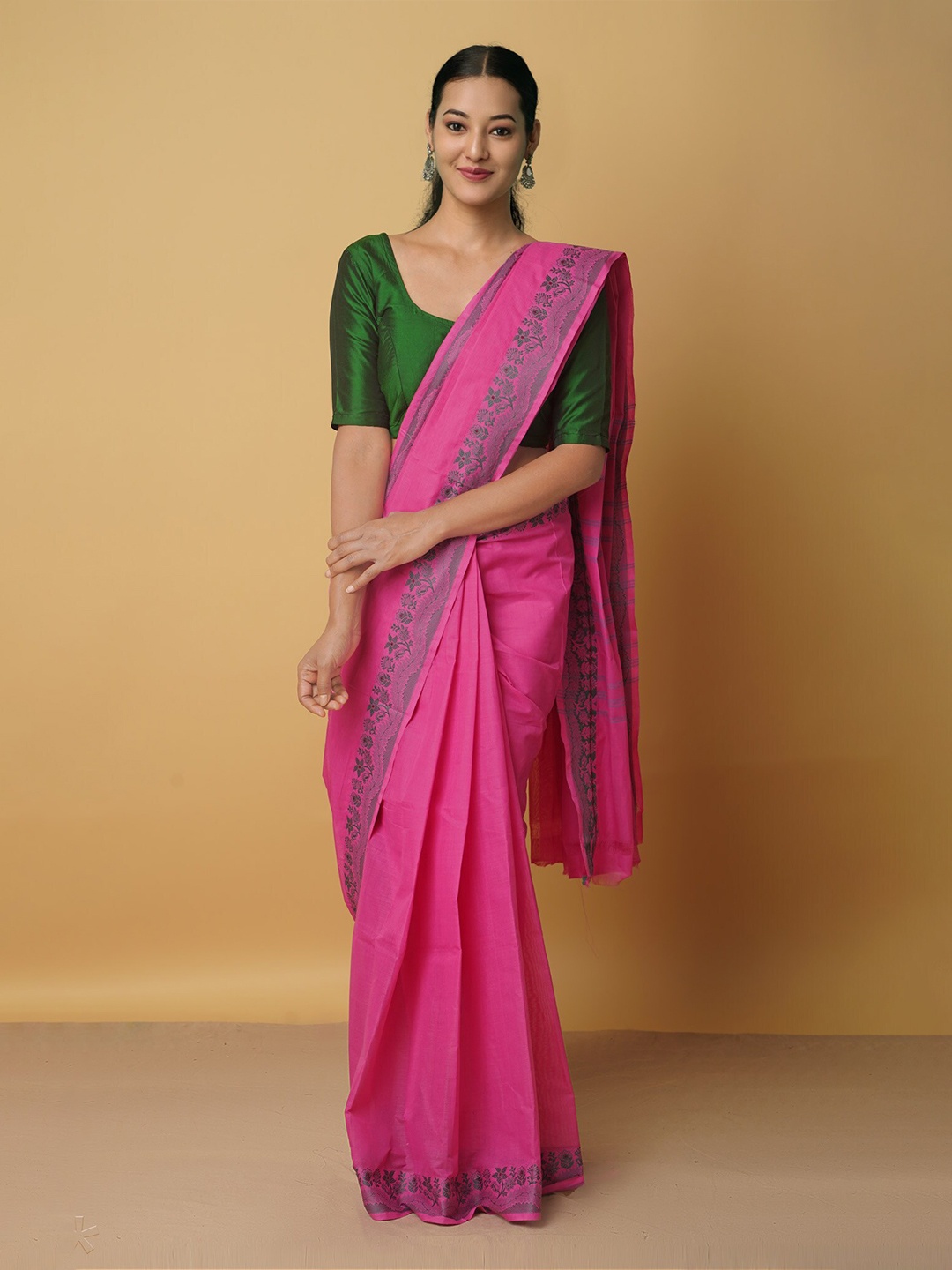 

Unnati Silks Pink & Navy Blue Woven Design Zari Pure Cotton Venkatgiri Saree