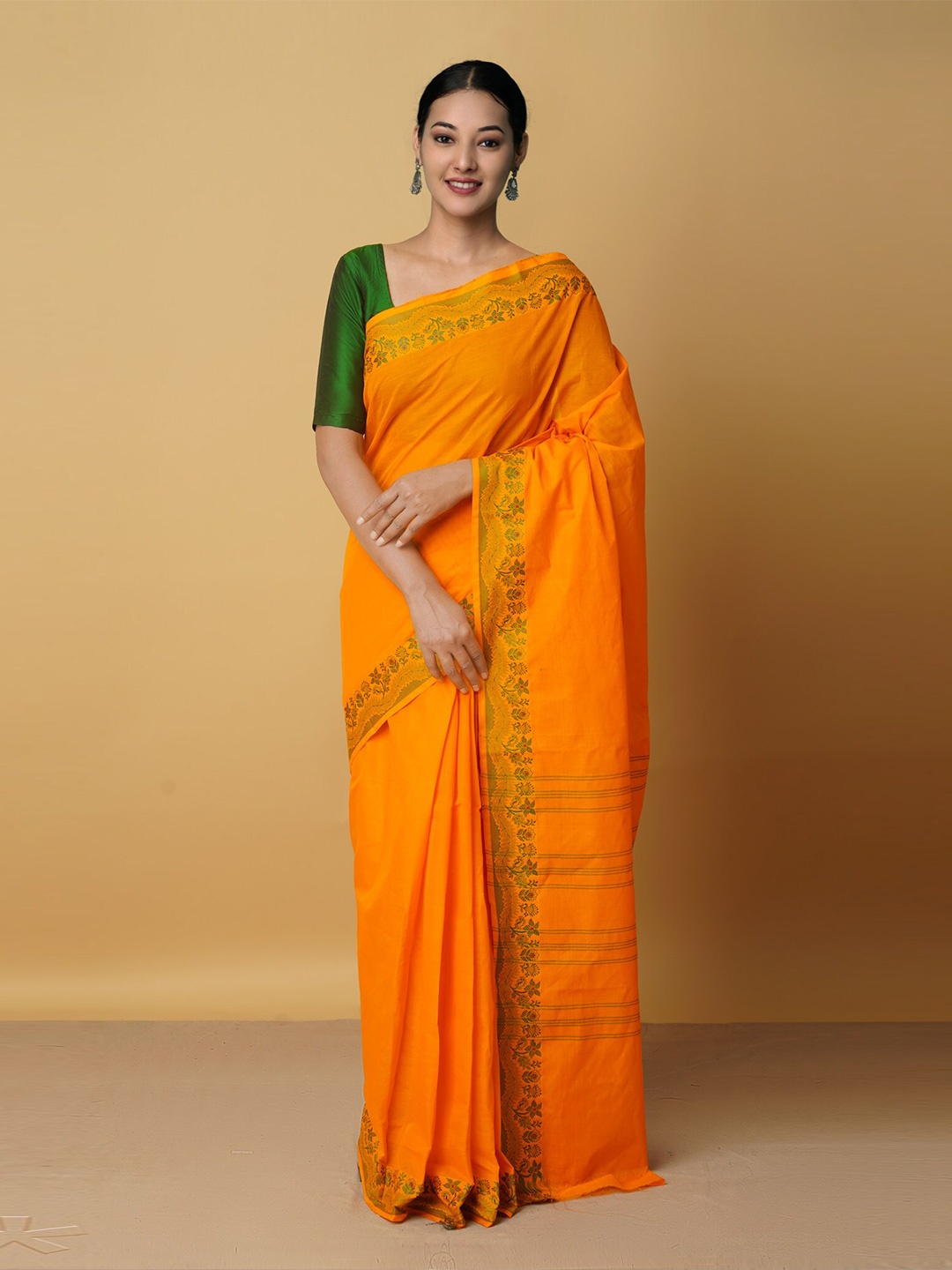 

Unnati Silks Orange & Green Woven Design Zari Pure Cotton Venkatgiri Saree