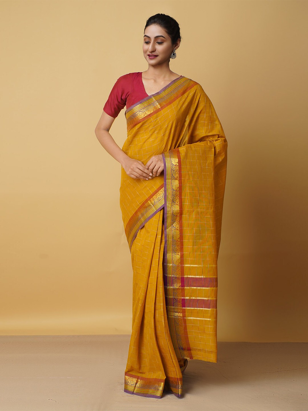 

Unnati Silks Brown & Gold-Toned Woven Design Zari Pure Cotton Venkatgiri Saree