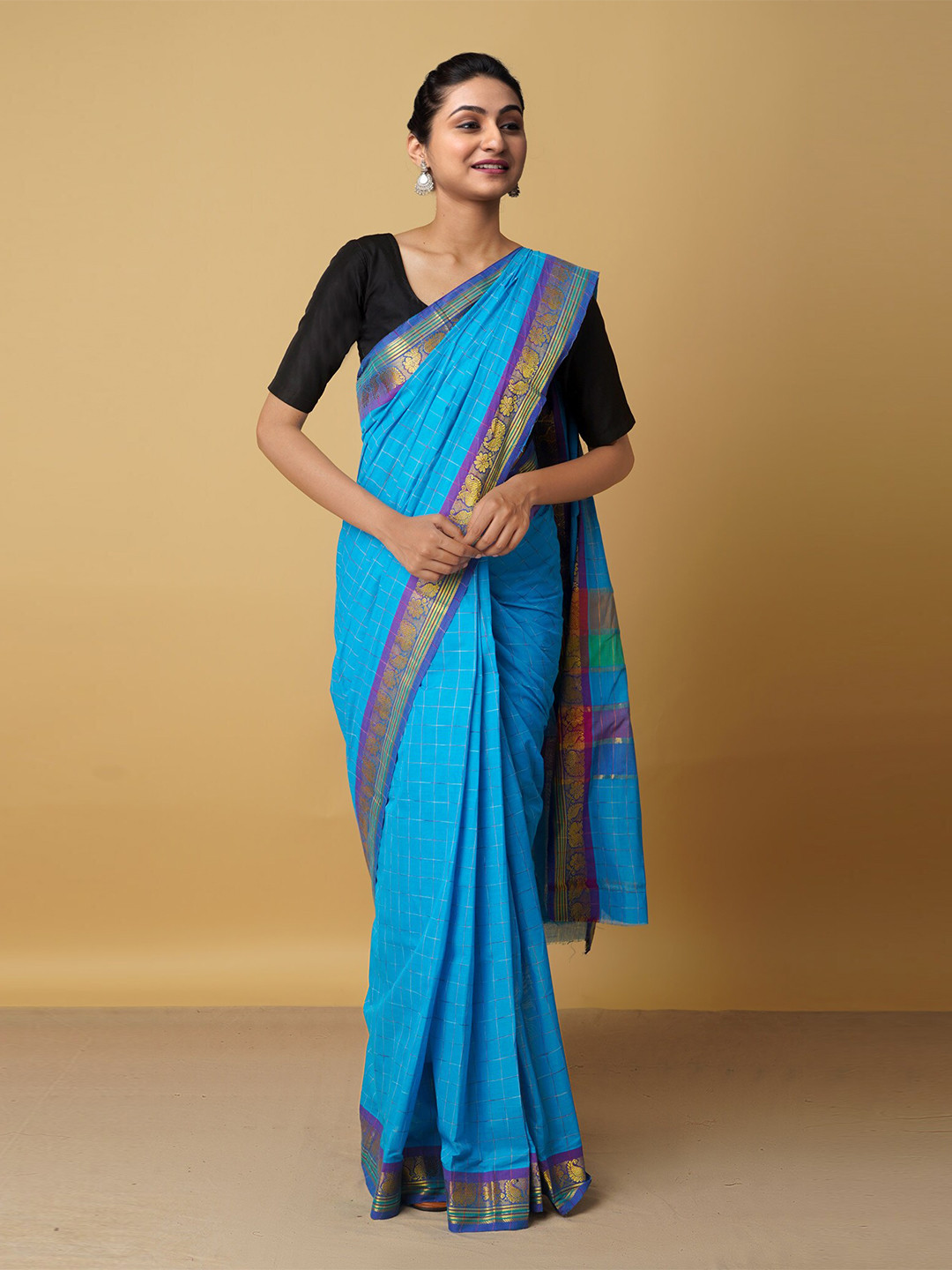 

Unnati Silks Blue & Purple Woven Design Zari Pure Cotton Venkatgiri Saree