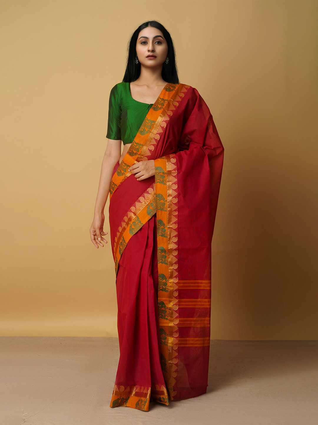 

Unnati Silks Women Maroon & Orange Woven Design Zari Pure Cotton Venkatgiri Saree