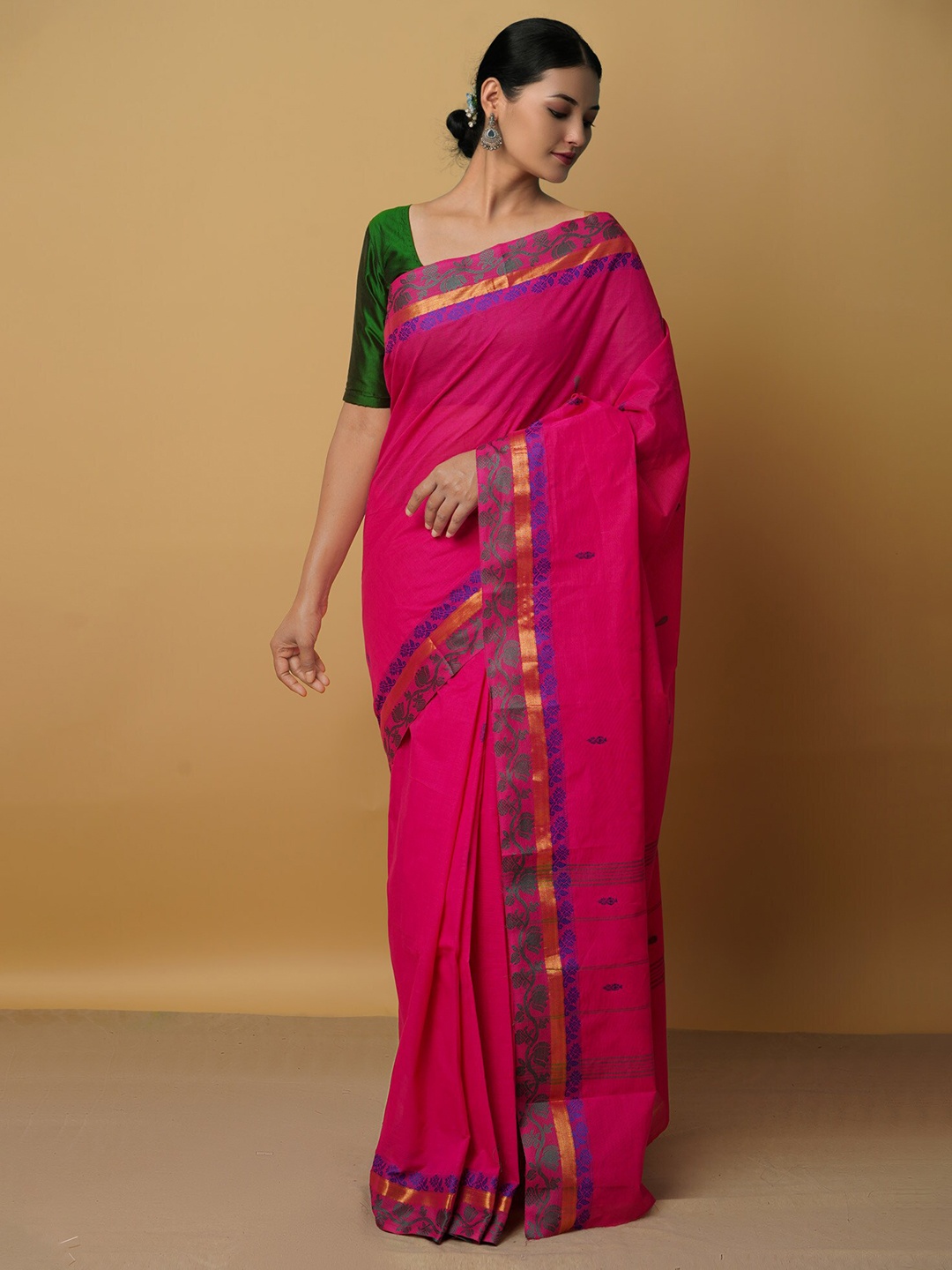 

Unnati Silks Pink & Blue Floral Zari Pure Cotton Venkatgiri Saree