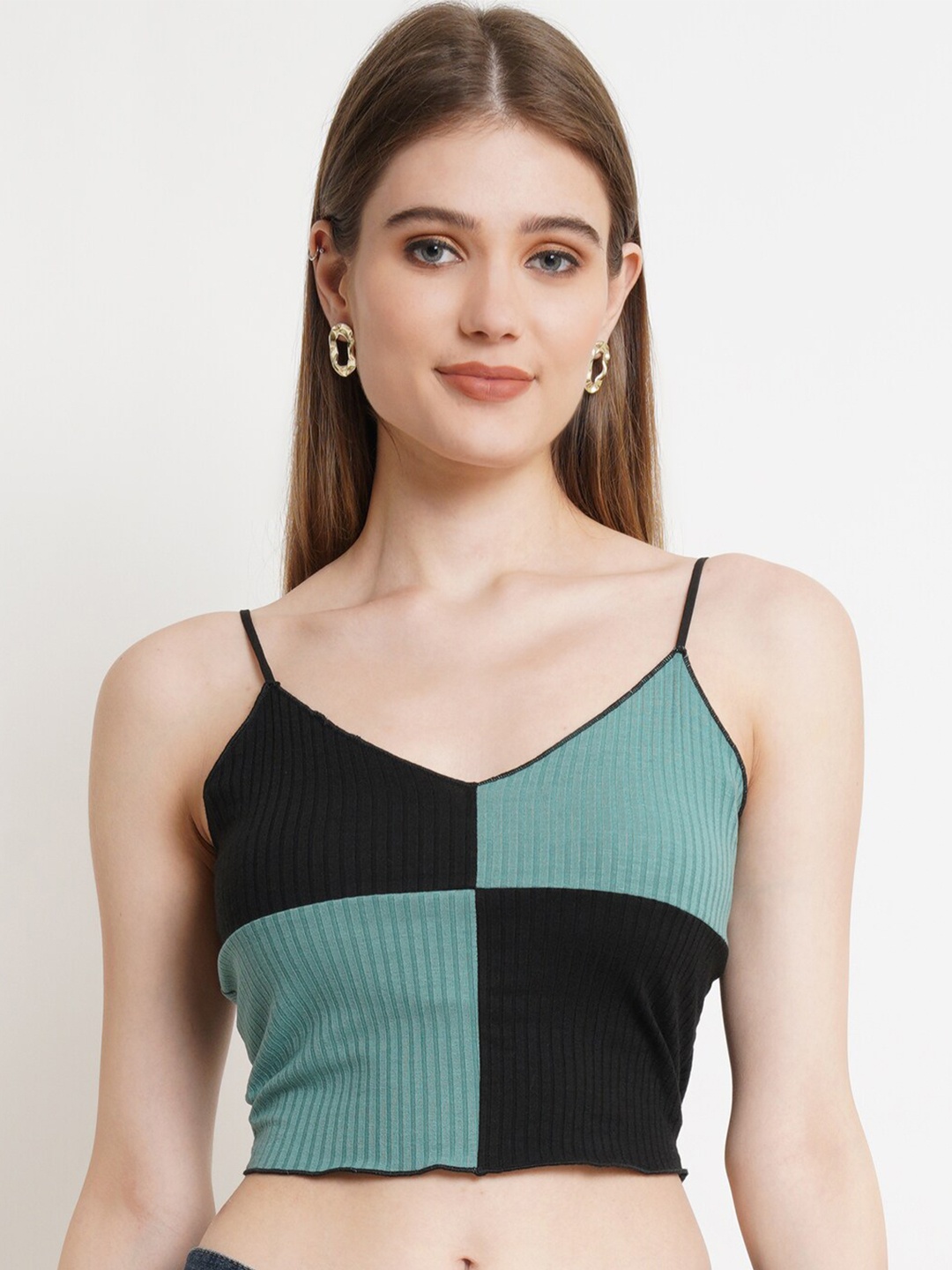 

Popwings Green Colourblocked Bralette Crop Top