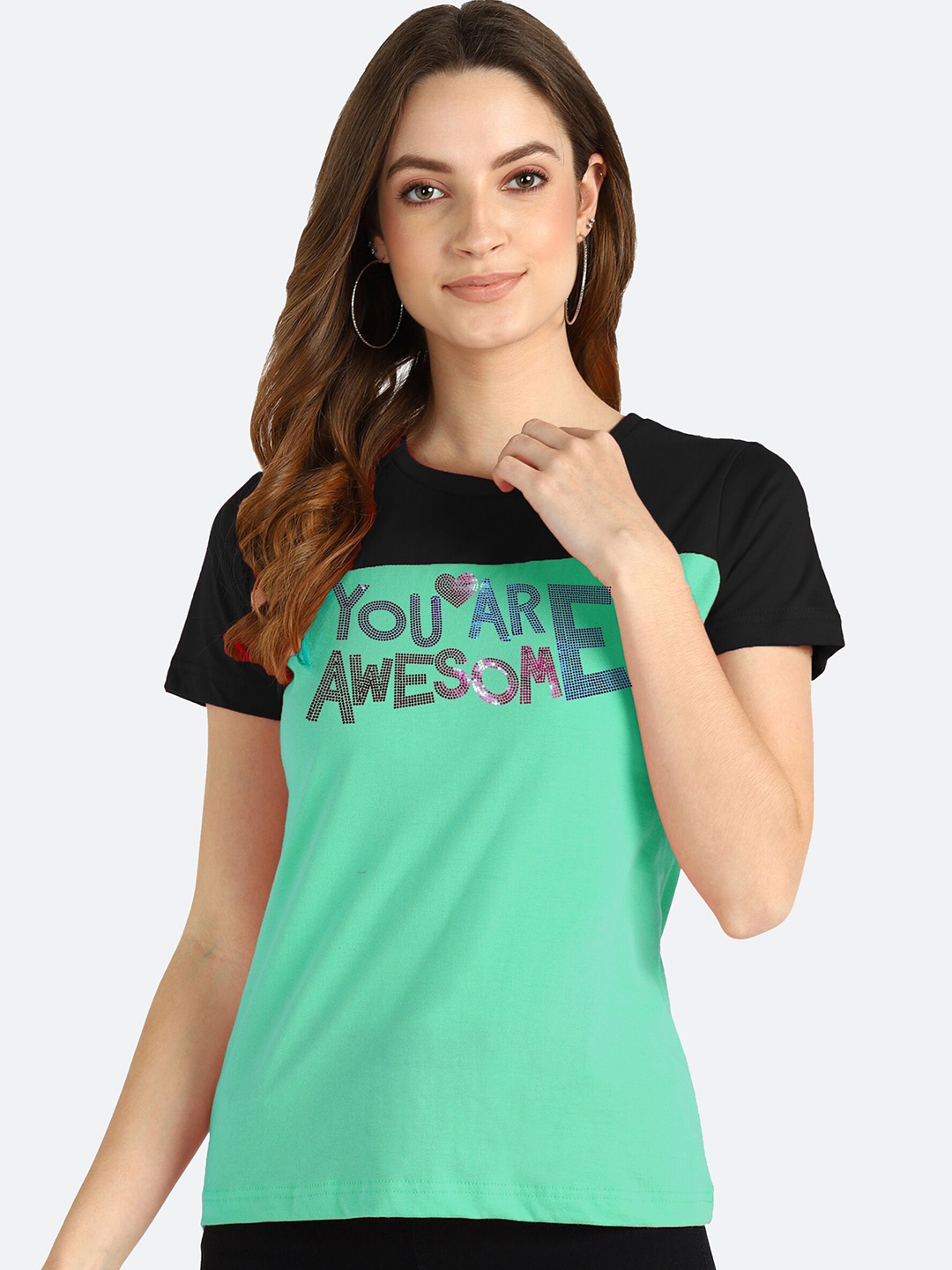 

shashvi Women Teal Typography Printed T-shirt