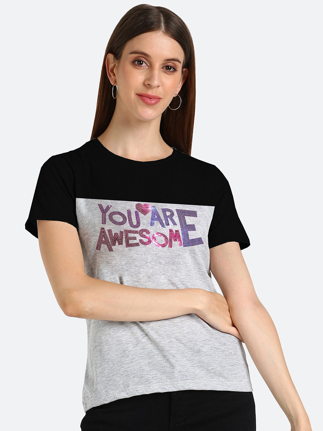 

shashvi Women Grey Typography Printed Extended Sleeves T-shirt