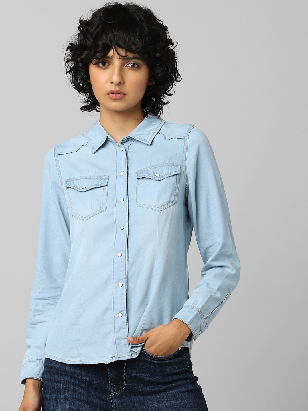 

ONLY Women Blue Denim Casual Shirt