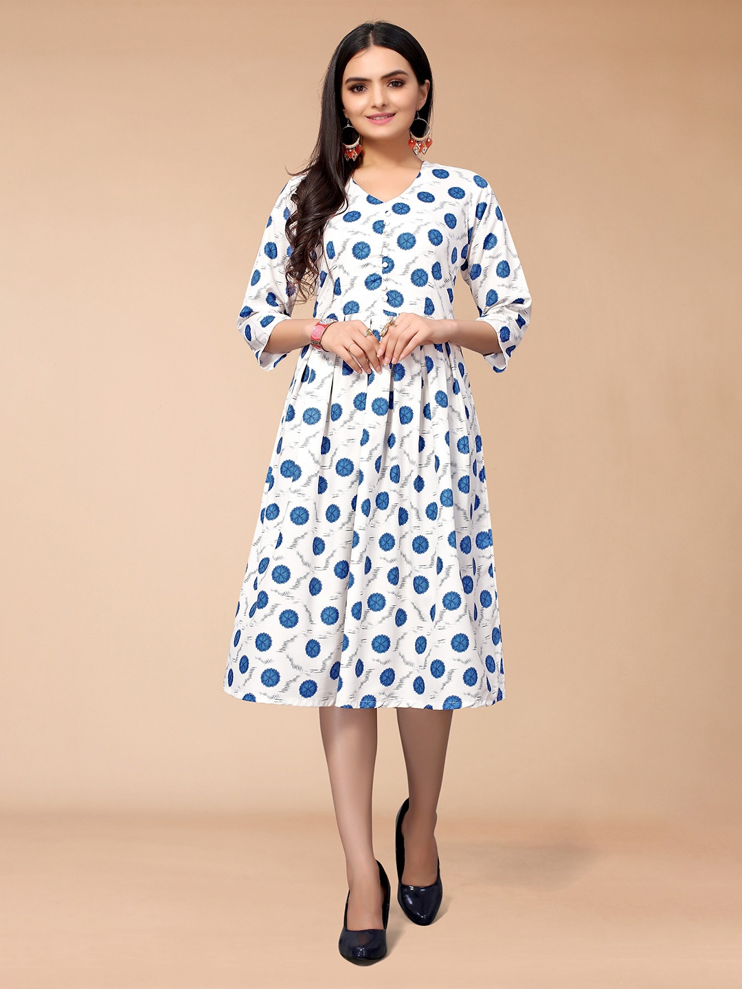 

KALINI Off White & Blue Polka Dot Printed Crepe Midi Dress