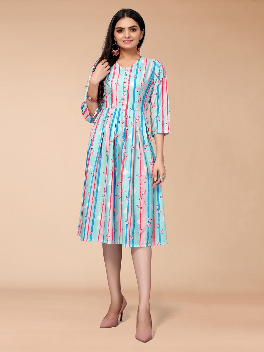 

KALINI Turquoise Blue & Pink Striped Crepe Dress