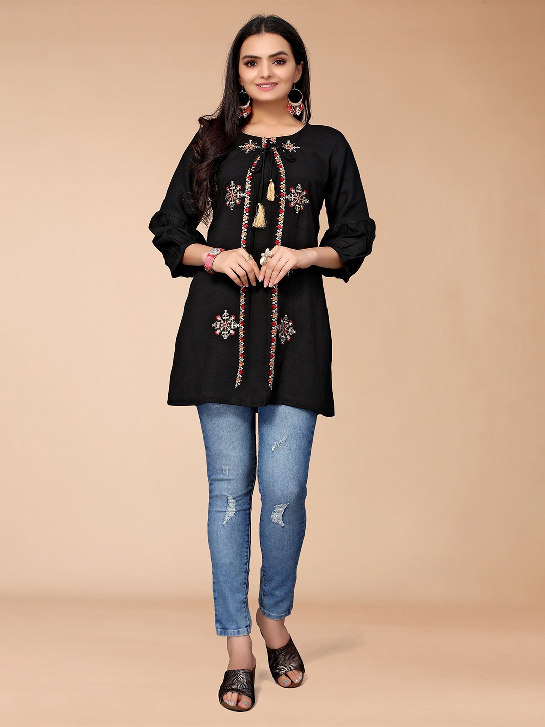 

KALINI Black Viscose Rayon Embroidered Tunic
