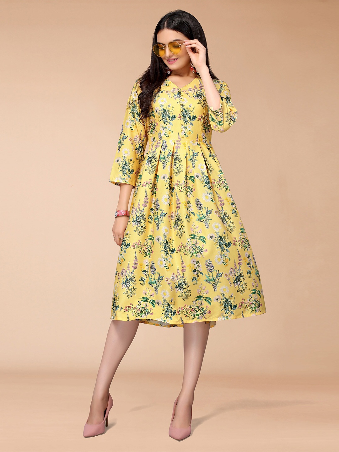 

KALINI Mustard Yellow Floral Crepe A-Line Midi Dress