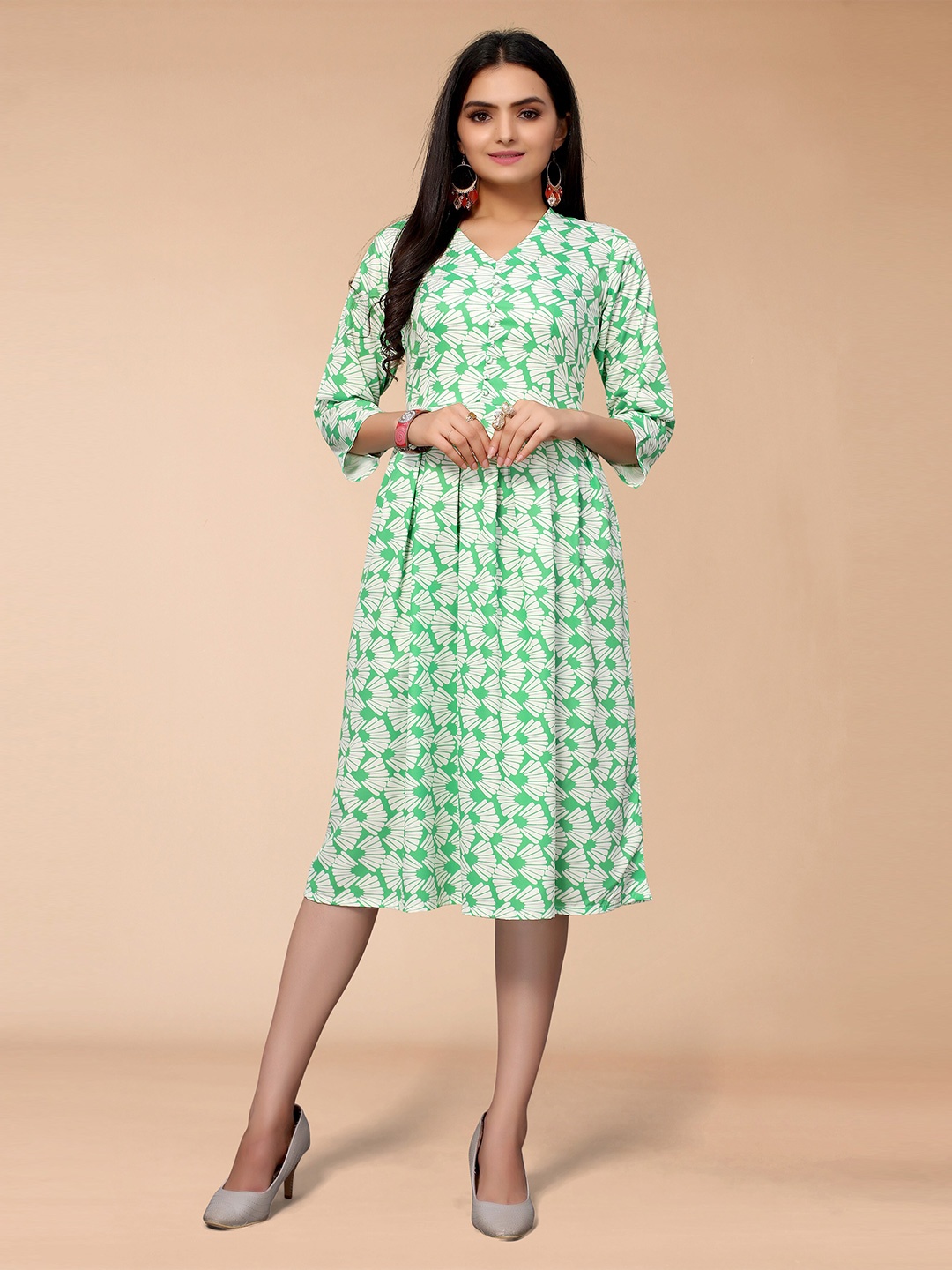 

KALINI Green Floral Crepe A-Line Dress