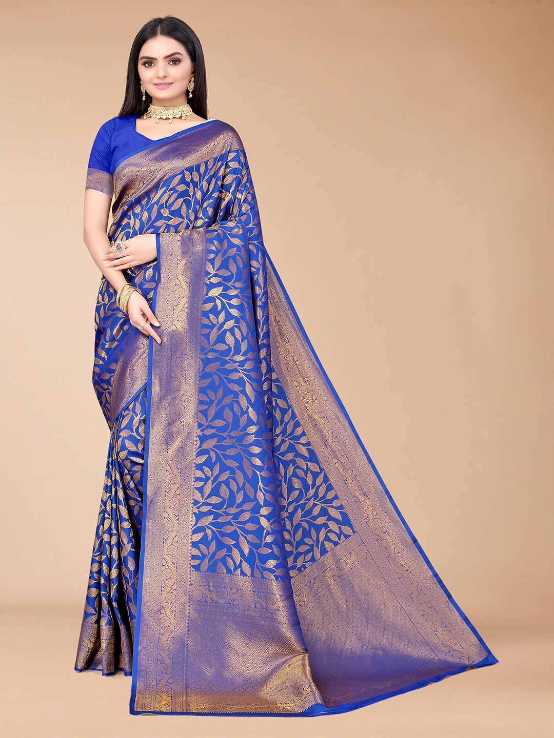 

Mitera Blue & Gold-Toned Woven Design Zari Silk Blend Kanjeevaram Saree