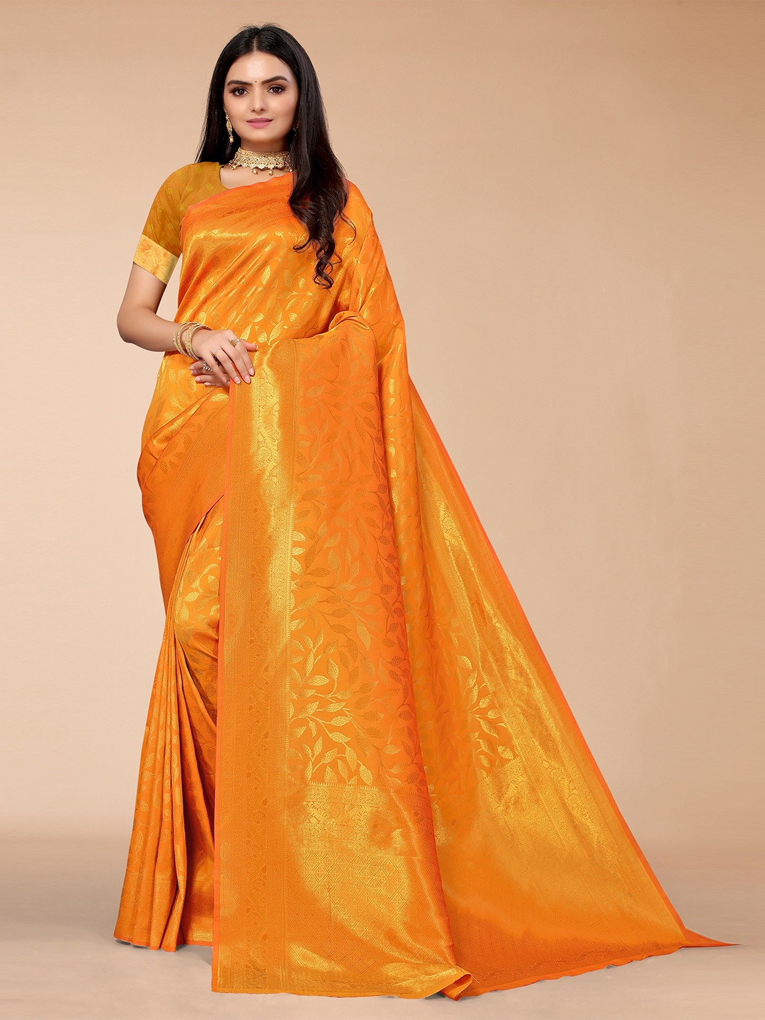 

Mitera Mustard Yellow & Golden Floral Zari Silk Blend Kanjeevaram Saree