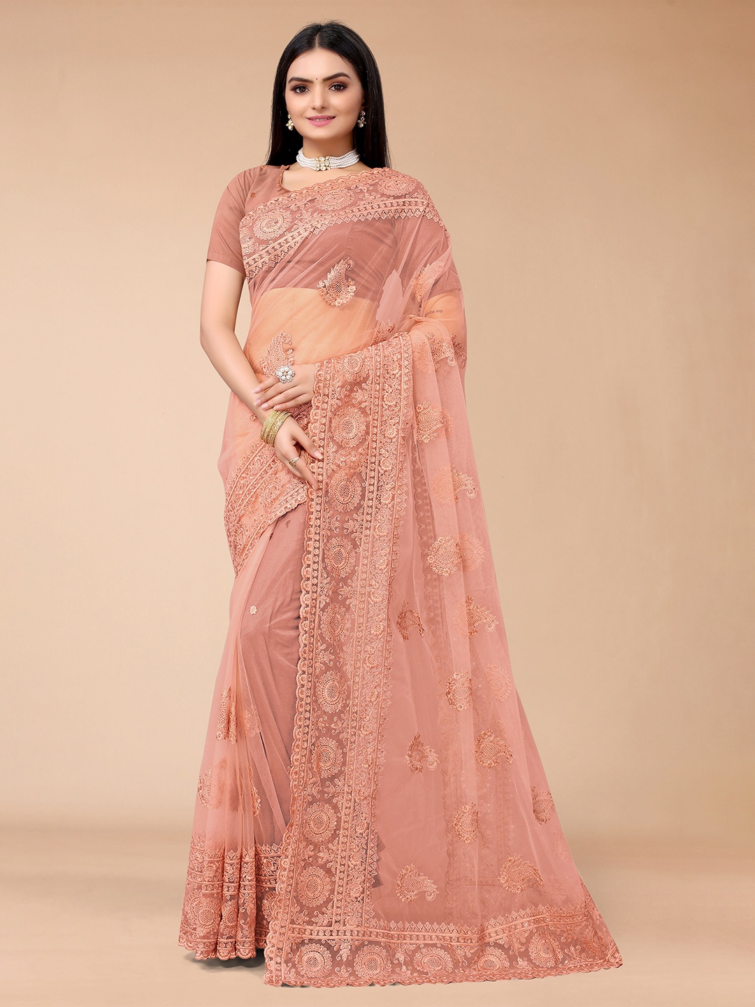 Mitera Women Rust Floral Embroidered Net Saree