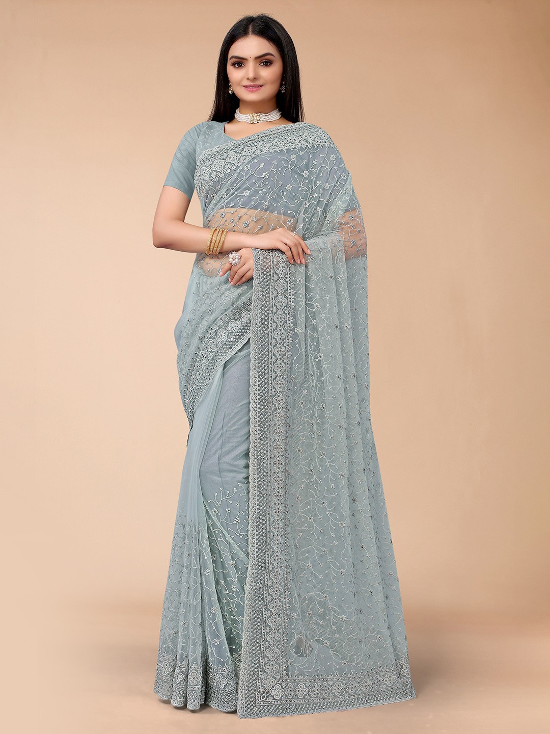 

Mitera Grey Floral Embroidered Net Saree